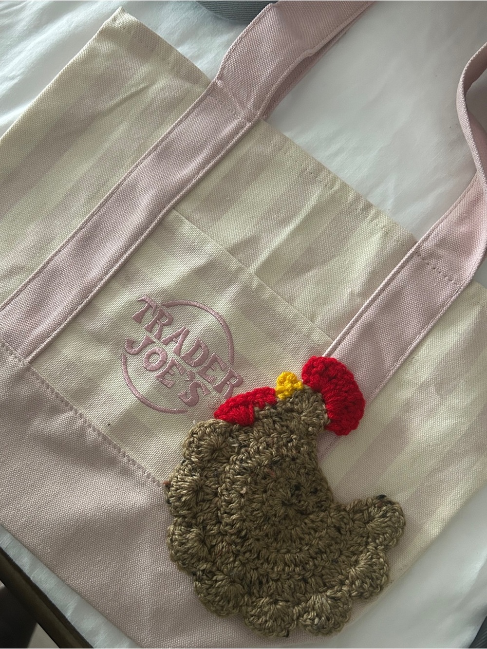 Trader Joe’s Pink Canvas Tote with Handmade Crochet Chicken Charm